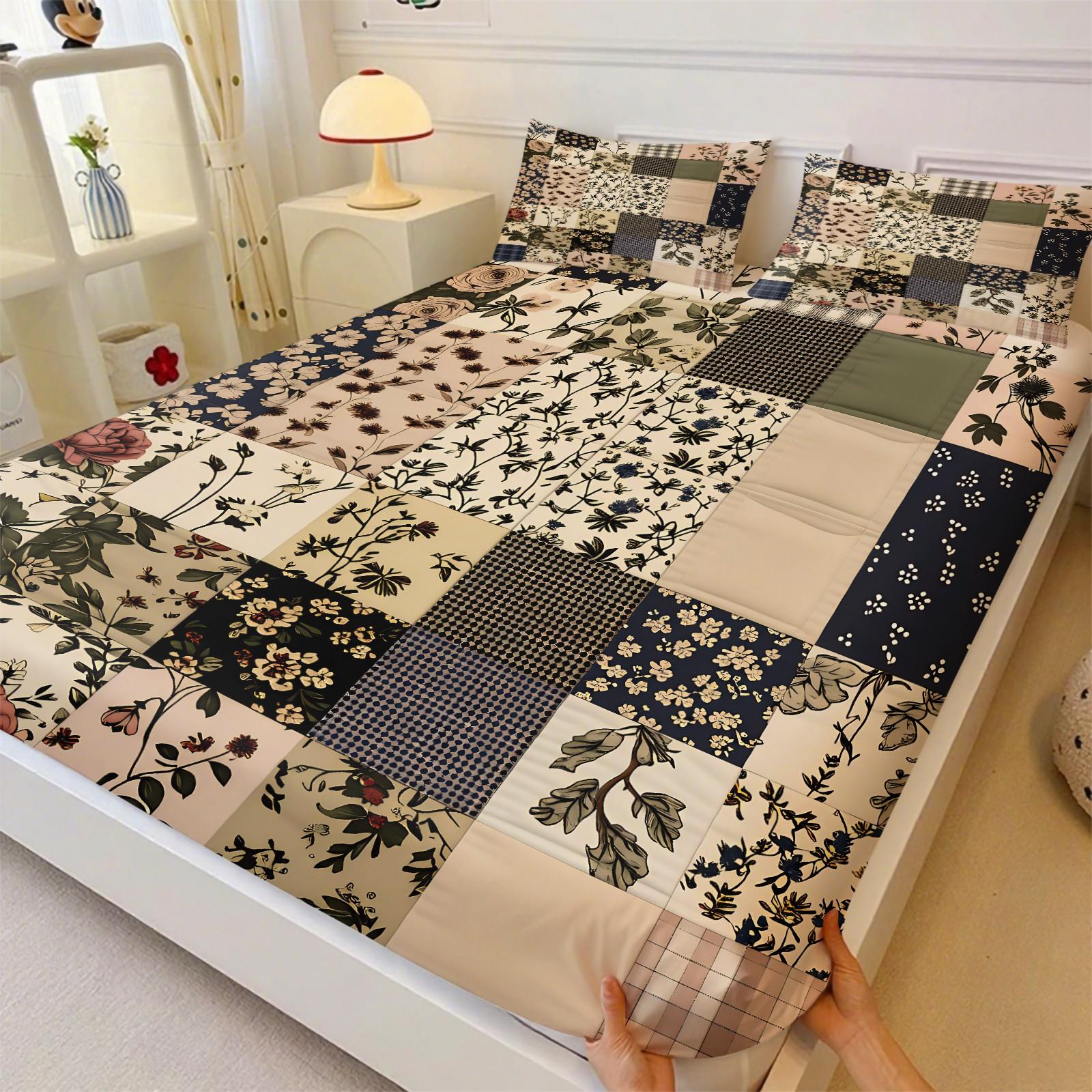 3PCS Vintage Patchwork Floral Plaid Fitted Bed Sheets Set, Soft Bedding Sets (1 Fitted Sheet + 2 Pillowcases),Soft Breathable Fabric,Deep Pocket Anti-Slip Design,HD Digital Printing,Retro Botanical All Season Bedding,Ins Style Bedroom Vibes