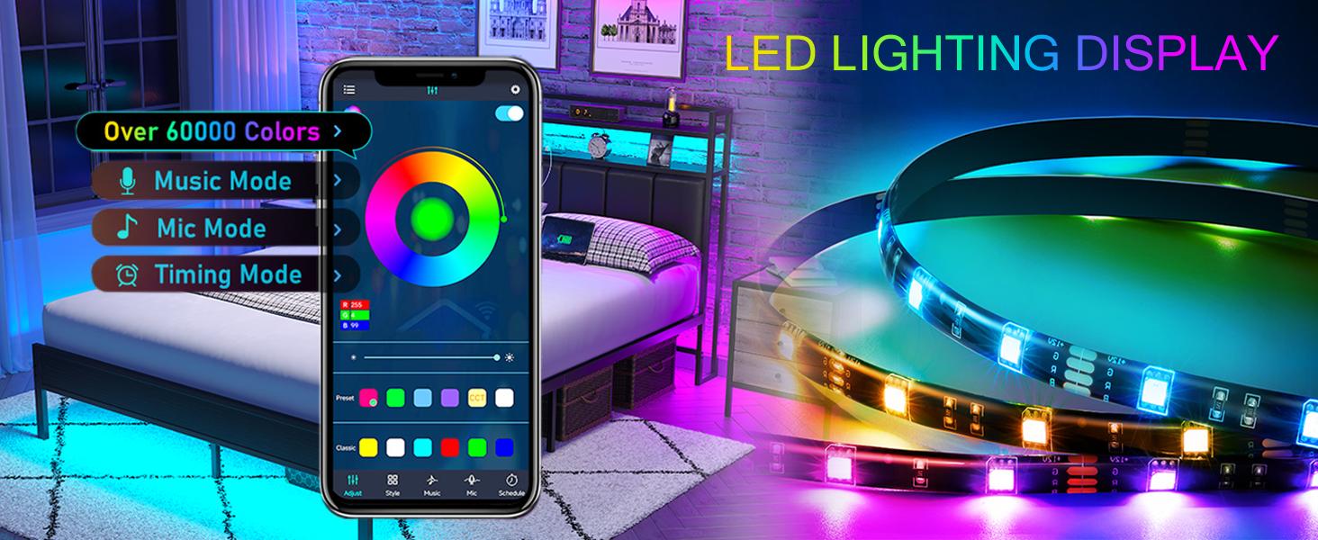 CollaredEagle Twin/Full/Queen Bed Frame with LED Lights, Upholstered Headboard, Charging Station, Storage Shelves, Heavy Duty Metal Slats, No Box Spring Needed, Noise Free, Easy Assembly