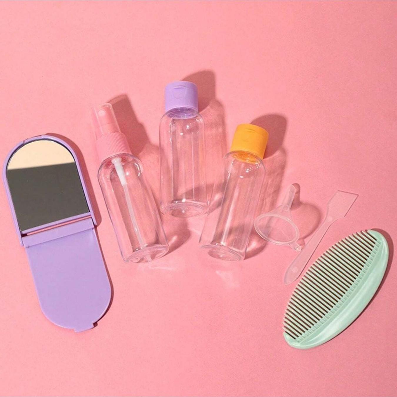 7-Piece Travel Essentials Set, Includes Empty Bottles & Spray Bottle, Portable Makeup Mirror & Comb Kit, Ideal for Trips, Travel Containers