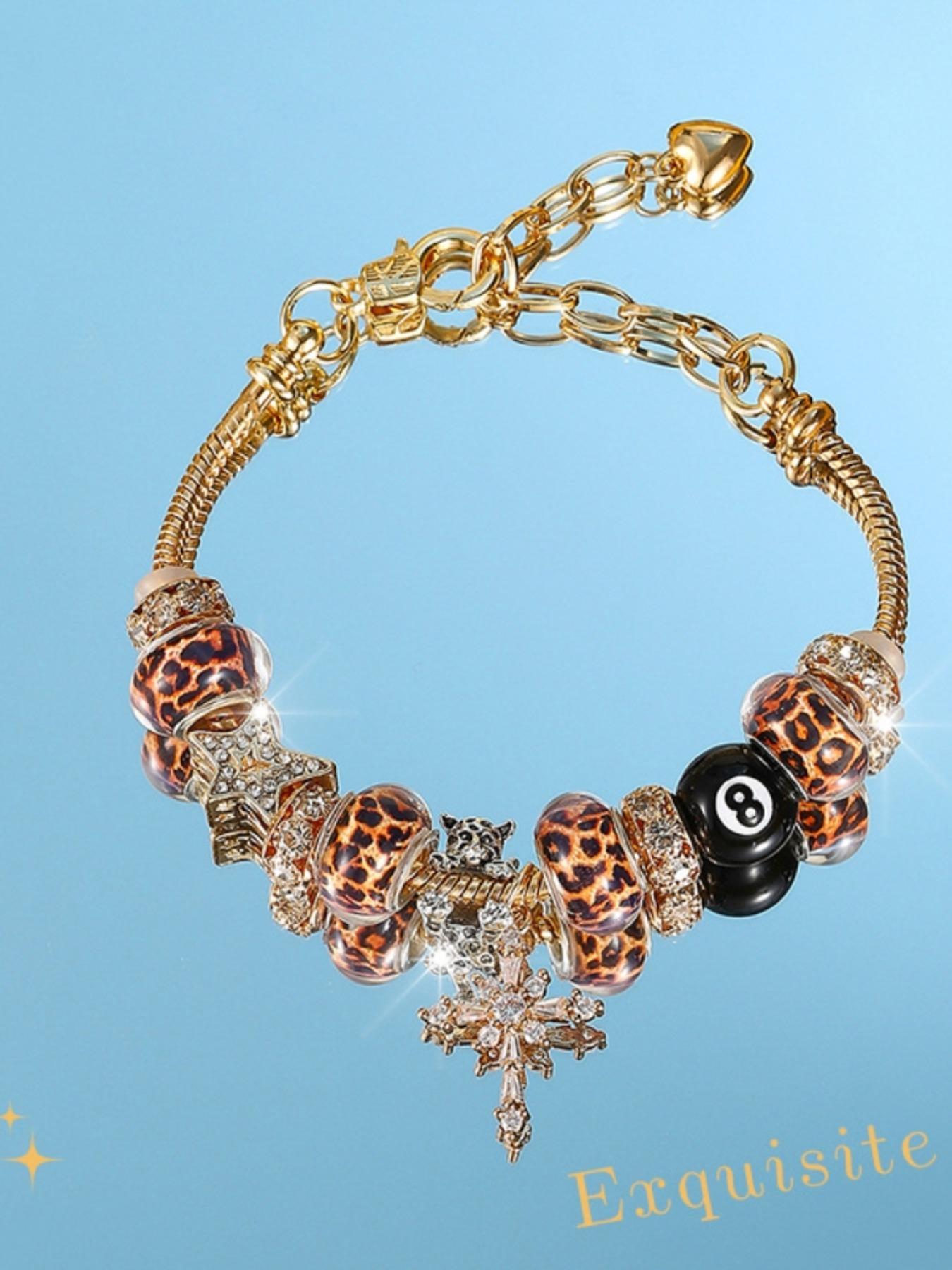 Stainless Steel Zircon Adjustable Beaded Bracelet - Gold Star, Leopard Print, Cross & Black 8 Bead Charm Chain,Couple's Daily Wear ,Meaningful Gift Choice , Guardian-Themed Layering Accessory, Stackable Bracelet