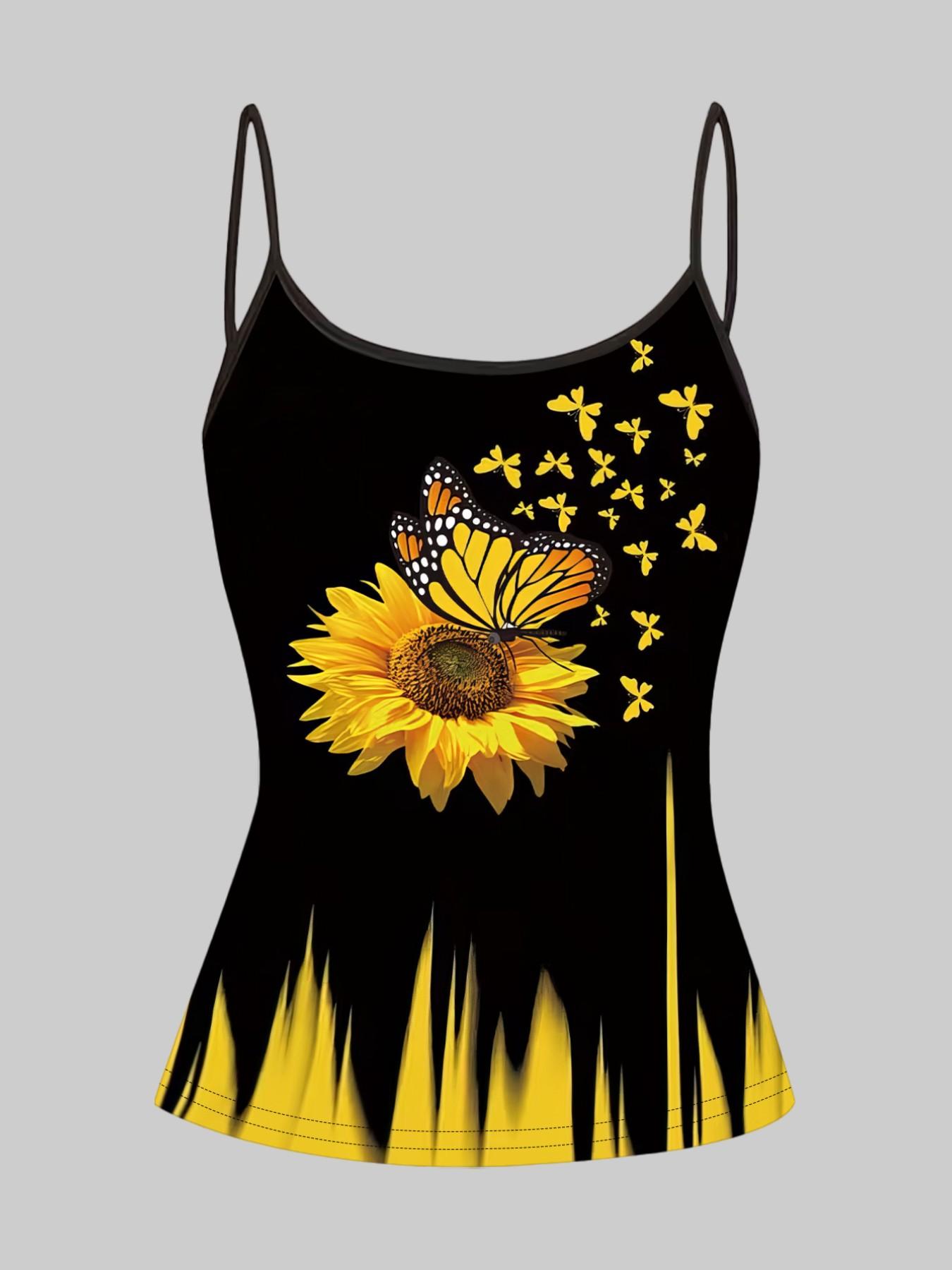 Sunflower Daisy Print Halter Top, Summer Home Sleepwear Outerwear, Unique Slim Fit Shirt, Four-Piece Set, Casual Style
