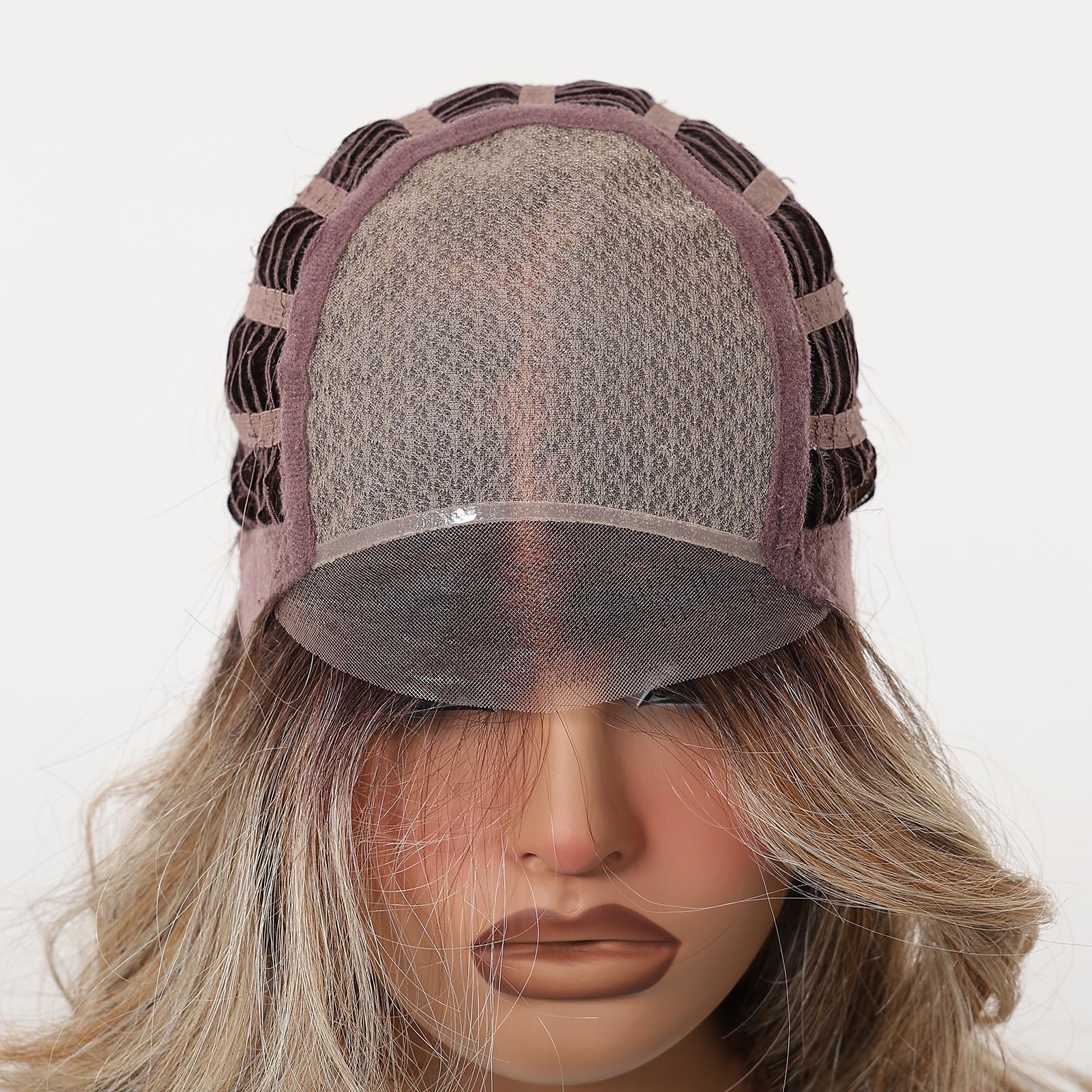 TOPSHE MONO 5.5*5 18 Inch Long Layered Wavy Ombre Brown Blonde Wig Synthetic Hair Heat Resistant Lace Front Wig for Women