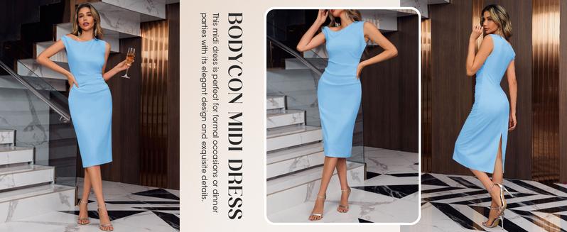 Wenrine Women‘s One Shoulder Midi Dress Elegant Bodycon Sleeveless Knit Ruched Slit Cocktail Party Formal Dresses