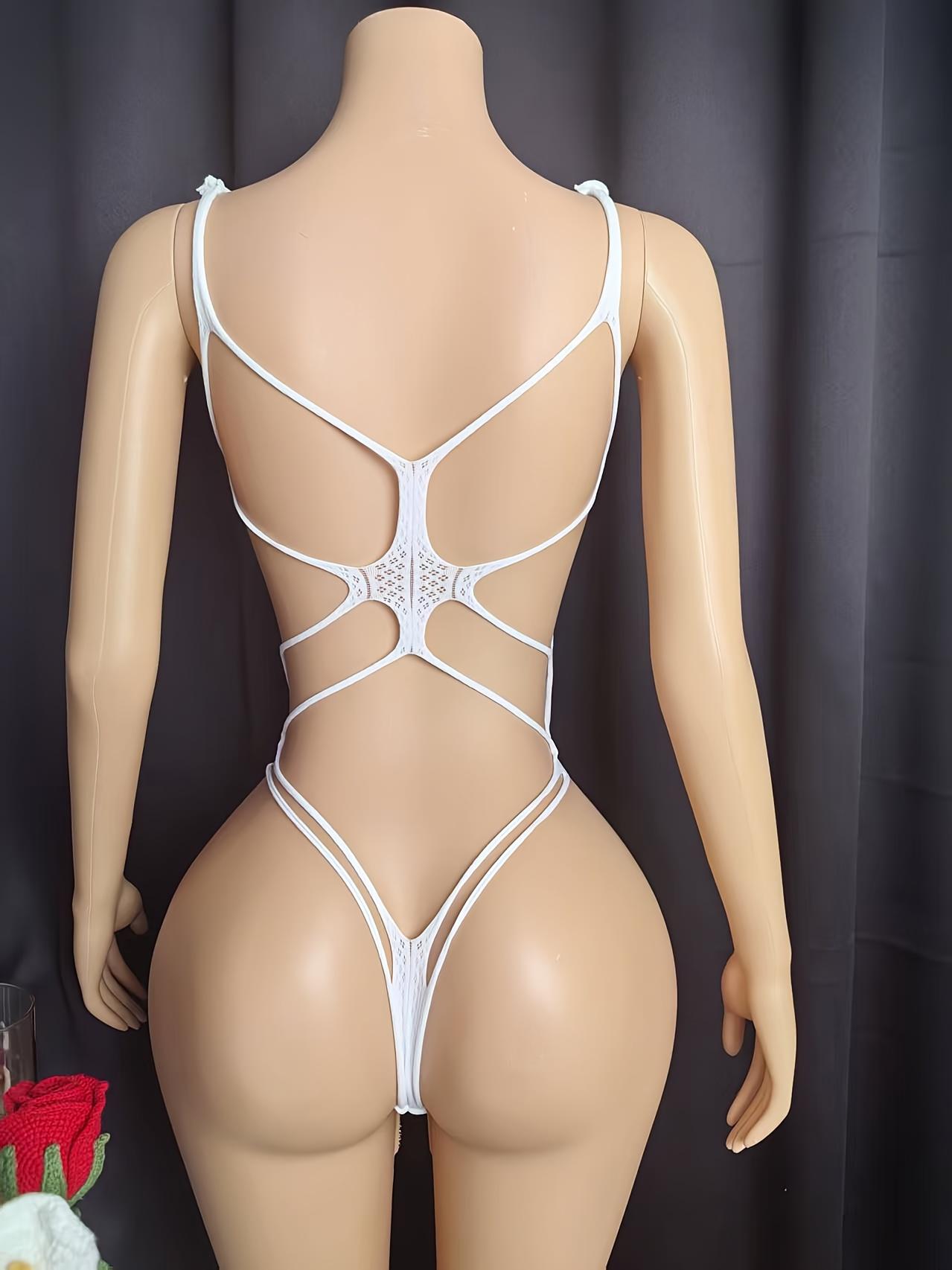 【Hot Women's Wear】Women's White Sleeveless Sheer Mesh Bodysuit - Sexy Semi-Sheer Lingerie with Backless Design & High-Waisted Fit, Breathable Mesh Fabric, Machine Washable One-Piece for Adults (Plus Size Available) - Novelty & Special Occasion Outfit, Eve