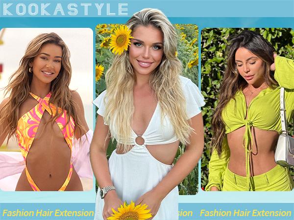 [ KooKaStyle ]Clip in Long Wavy Synthetic Hair Extension 20 Inch 4PCS Balayage Dark Brown to Chestnut Hairpieces Fiber Thick Double Weft Hair Extension for Women