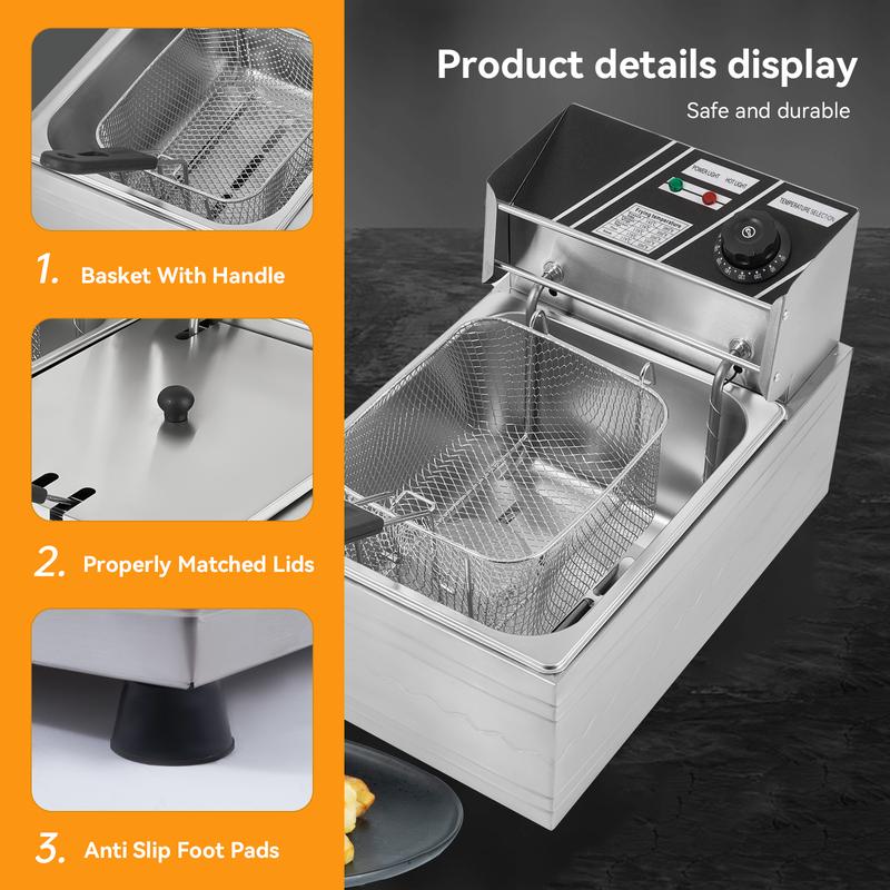 Kerilyn 22.8/6.5 QT Deep Fryer with 2 Baskets & Lids, Commercial Deep Fryer with Temperature Control, Stainless Steel Fryer, Countertop Fryers for Home Kitchen and Restaurant, 5000W