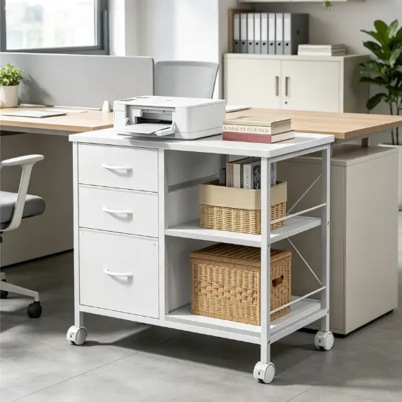 Mobile 3-Tier Printer Stand with Drawers & Storage, Heavy Duty Office File Cabinet 110lb Top Capacity, Locking Casters, Fabric Drawers, Tool-Free Assembly for Home Office