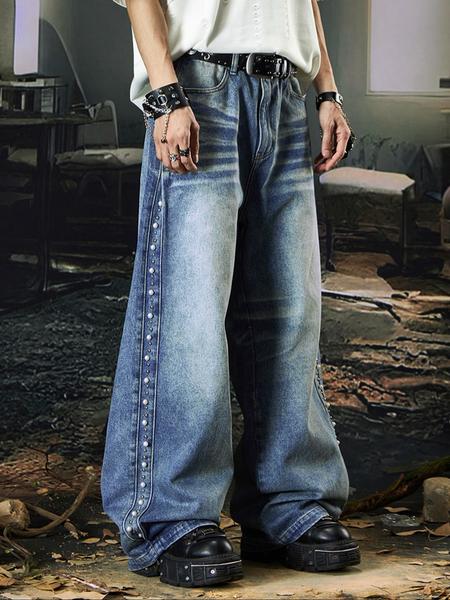 Men's Light Blue Washed Straight Leg Jeans, Vintage Y2K Style, Simple Versatile Denim Jeans, Suitable for All Seasons
