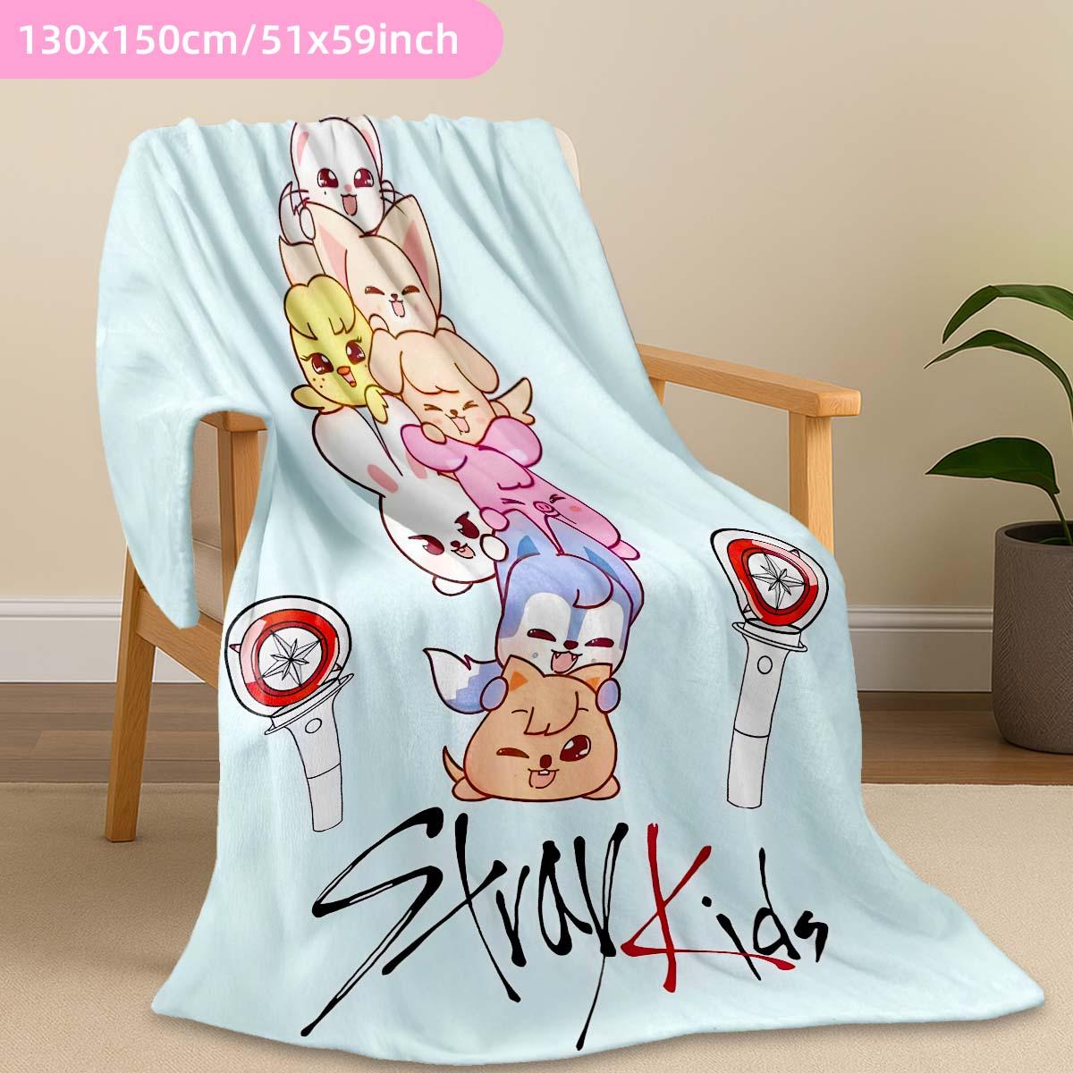 Stray Kids Flannel Blanket, Cute Animal Print, Support Light Element, Soft Healing Throw, Perfect for Fan Bedroom, Sofa, Collectible Gift