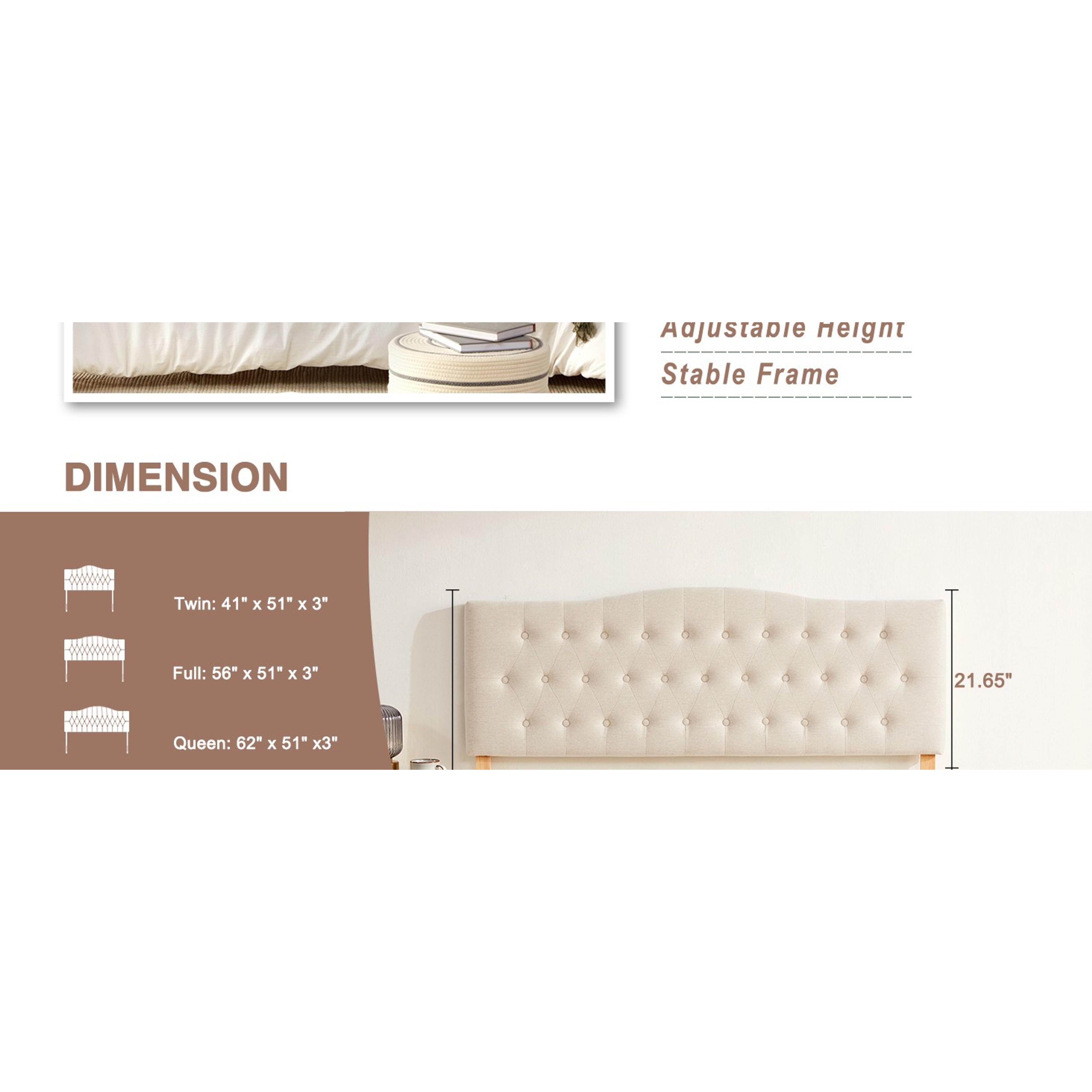 Tufted Headboard Queen Size, Solid Wood Adjustable Height Head Board, Beige Upholstered Queen Headboard Only with Durable Metal Legs, Adjustable Height 37-51 in, Fabric Button Diamond HeadBoards