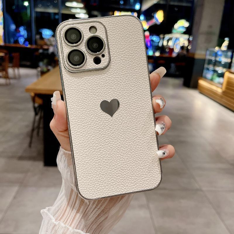 Luxury Solid Color Leather Plating Border Love Logo Phone Case For iPhone 16 Pro Max 14 11 12 13 15 Pro Max Bumper Back Cover