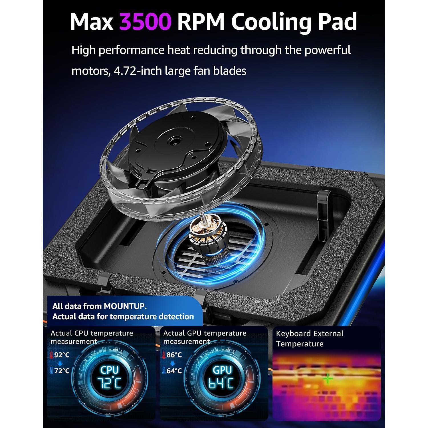 RGB Laptop Cooling Pad for 13-19", Max 3500RPM Gaming Laptop Cooler, Laptop Fan Cooling Pad   to Control Speed,  4.72 Inch Turbo Fan