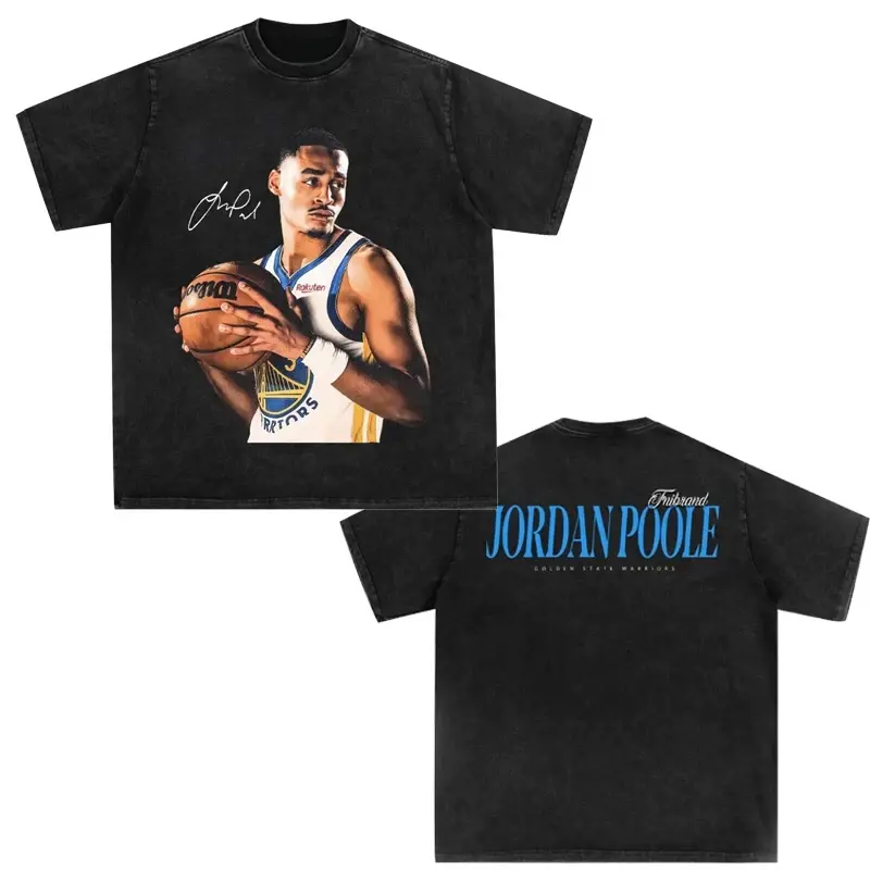 Men's Unisex Washed Retro Golden State Warriors Elite Guard Poole Basketball Portrait Tee - Front Signature Print, Back Blue Name Print, Loose Fit, Skin-Friendly Cotton, Crew Neck Short Sleeve for Sports Fans, Leisure