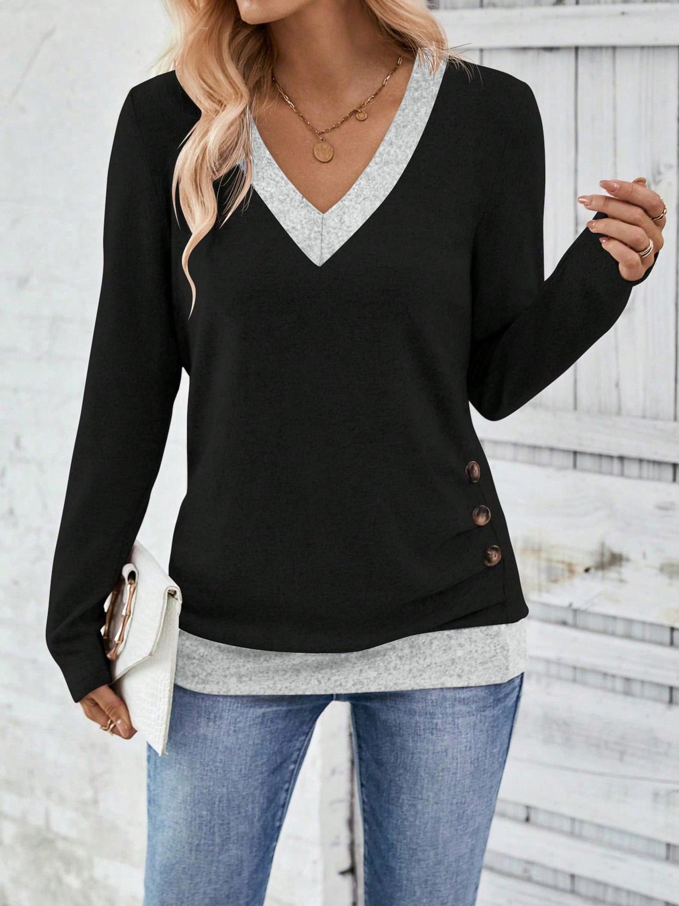 Women's V Neck Colorblock Long Sleeve Shirt Vibrant Design Autumn Winter Casual Outerwear Color Contrast Style Comfortable Woven Fabric