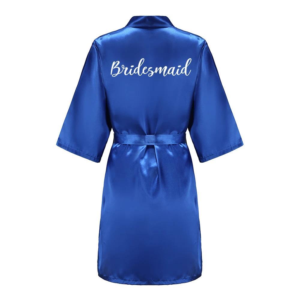 Team Bride Satin Kimono Lounge Robe, Royal Blue Bridesmaid Bathrobe with White Letters, Wedding Party Stress Relief Loungewear