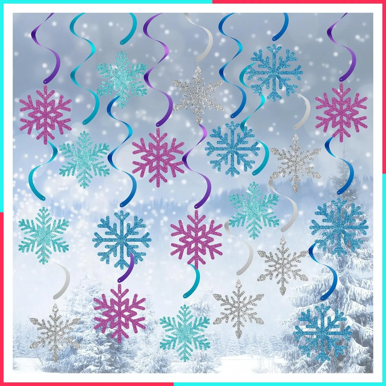 20 Pack Snowflake Hanging Decorations - Winter Swirls Ceiling Streamers, Glittery Ornaments for Frozen Theme Party, Birthday and Christmas Decor