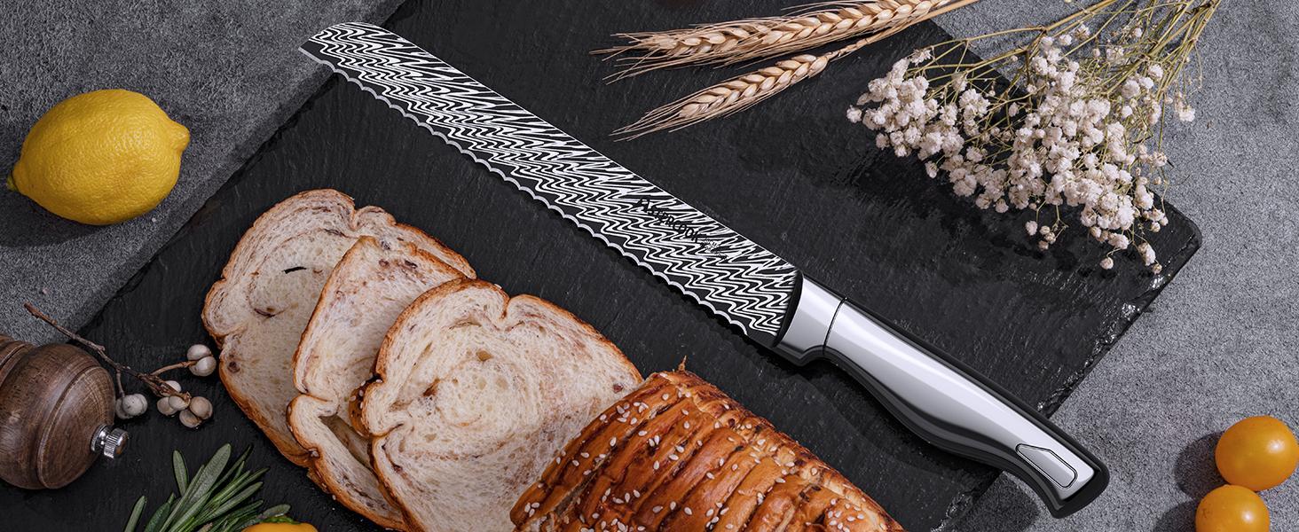 Astercook Knife Set, 14 Pieces Kitchen Knife Block Set with Built in Knife Sharpener Block, Dishwasher Safe, German Stainless Steel, Best Gift, Silver Wood Steak Wooden