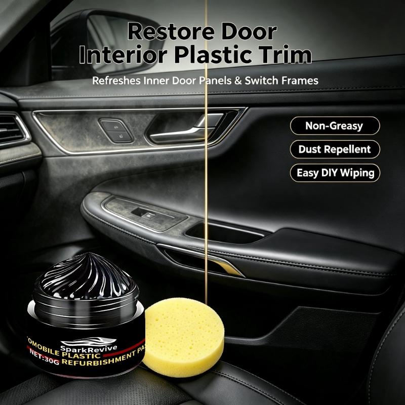 30g Car Interior Plastic Restorer Cream, Renew Foggy Dashboard Door Panel Seat Side Trim, Anti-Oxidation, Long-Lasting Deep Black Effect