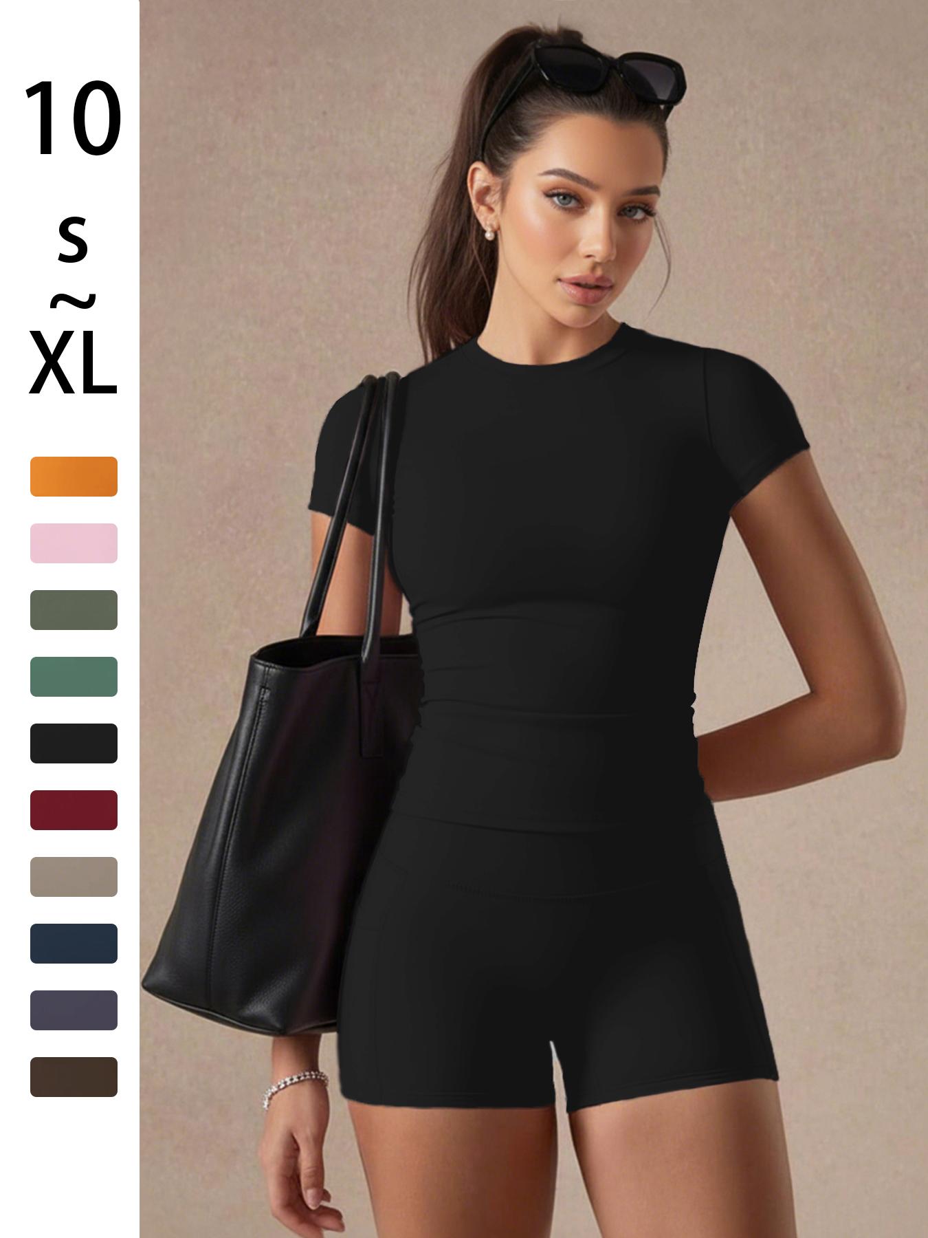 Women's Solid Color Set, Basic Versatile T-Shirt Top, Fashion Multi-Purpose Slimming Hip-Lifting Gym Shorts, Yoga Fitness Gym, All Season Activewear, Athletic Style Activewear