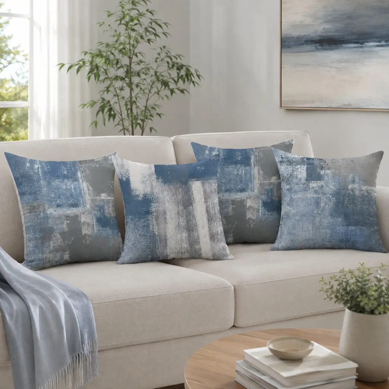 4-Pack 16x16 in Polyester Linen Pillow Covers, Blue & Grey Abstract Art Halloween Minimalist, Single-Side Print Customizable Indoor Cushion Covers for Living Room Sofa, Do Not Bleach