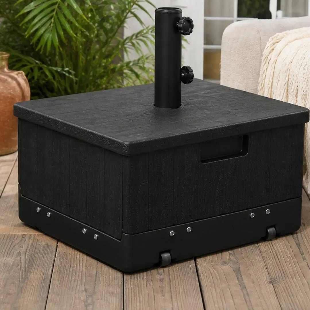 3-in-1 Outdoor Umbrella Base with Wheels, Coffee End Table and Flower Box Planter, Fits 1.5-1.9in Poles, Black Plastic