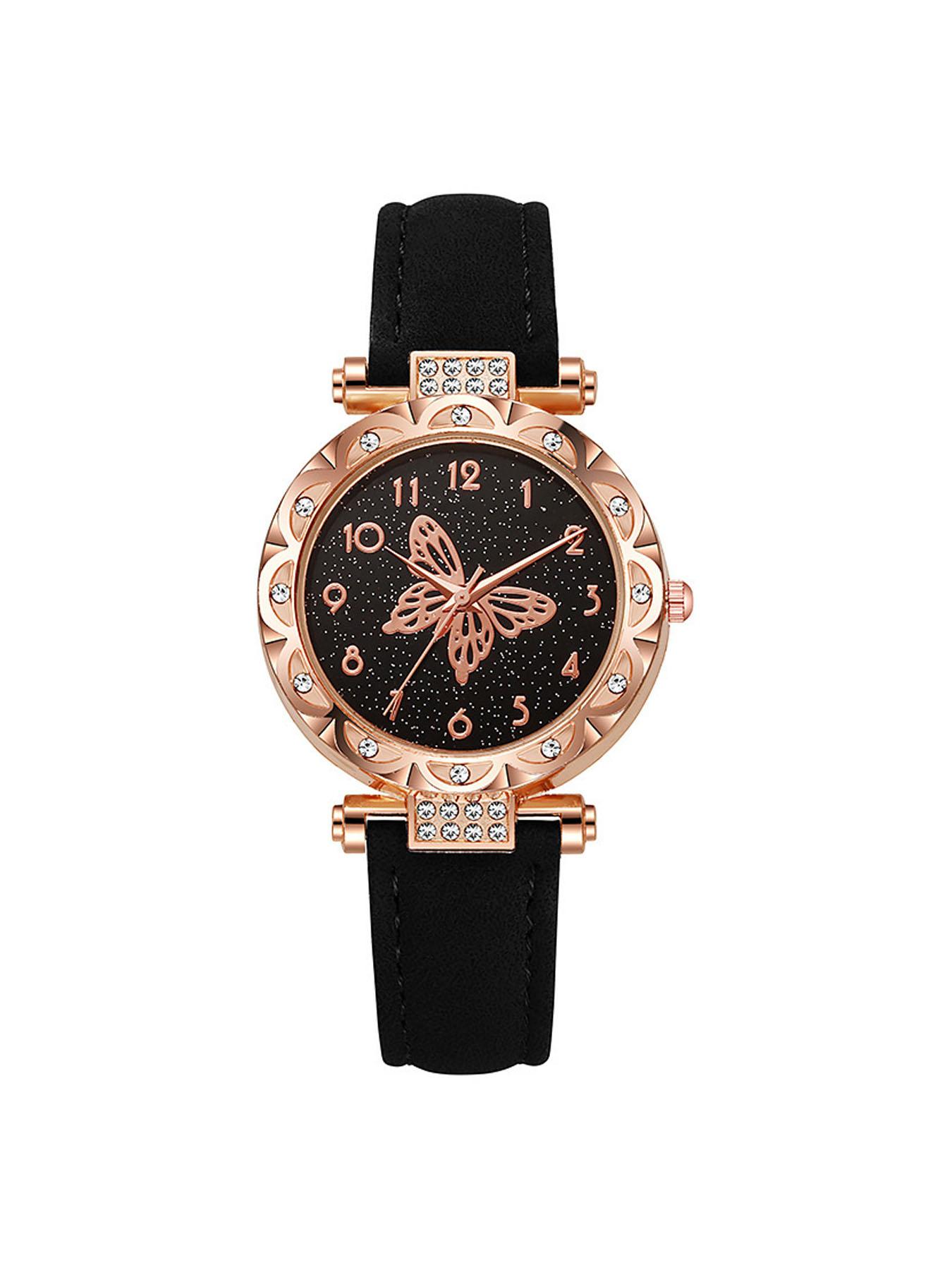 2-piece set of fashionable leather belt quartz watches for women, featuring a personalized butterfly design, suitable for students and ladies