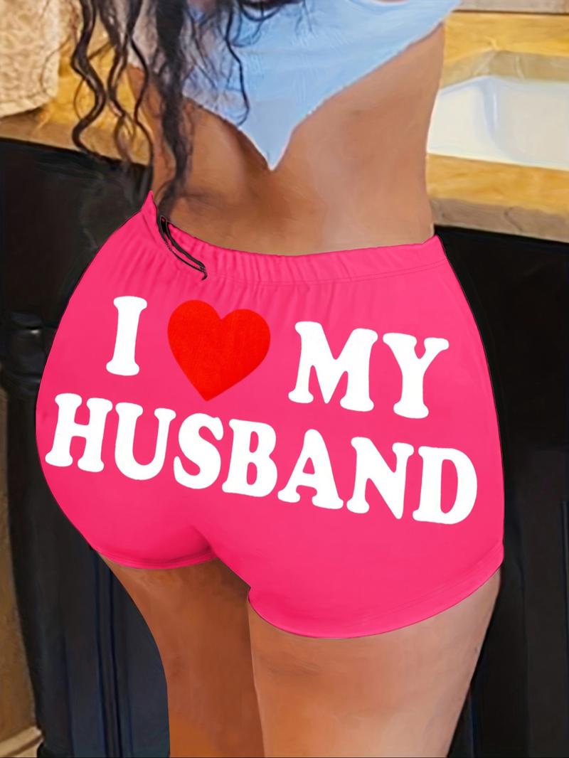 【Plus Size】 "i Love My Husband" & Heart Print Skinny Shorts, Casual Comfy Elastic Waist Shorts for Daily Wear, Women's Bottoms for Summer, Womenswear, Gym Shorts, Breathable Fitness Shorts, Athleisure Shorts