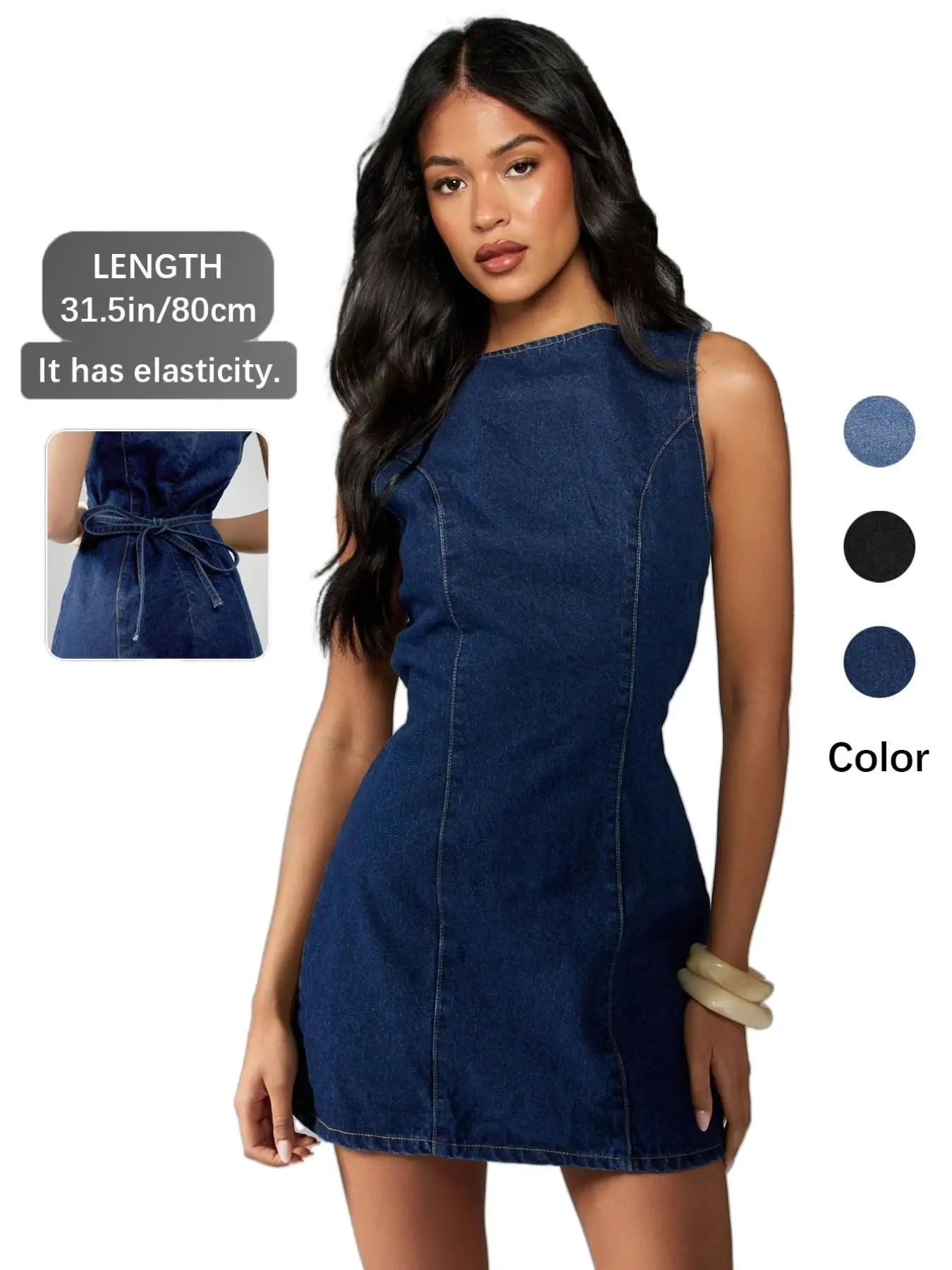 Elegant Sleeveless Dark Wash Denim Dress, Mini Dress with Adjustable Back Tie Design, Summer Fashion Slim-Fit, Modern Casual Wear, Multiple Colors