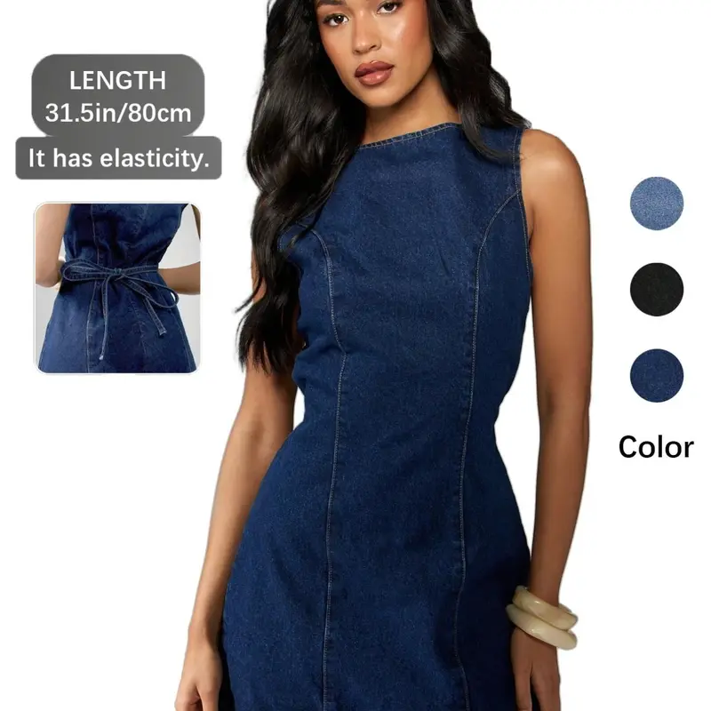 Elegant Sleeveless Dark Wash Denim Dress, Mini Dress with Back Tie Design, Summer Fashion Slim-Fit, Modern Casual Wear, Multiple Colors, Chic Casual Outfits