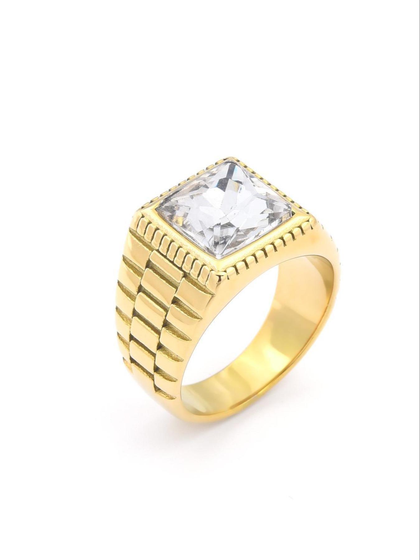 High-Quality Men's Ring, 18K Gold Plated Tarnish-Free, Square Black Gemstone Exudes Boldness