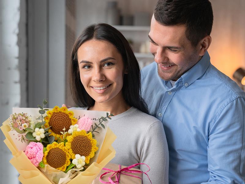 Crochet Flowers Bouquet with Sunflowers, Pink Rose & Tulip, Knitted Flower Gifts for Birthday, Home Decorations, Friend, Graduation