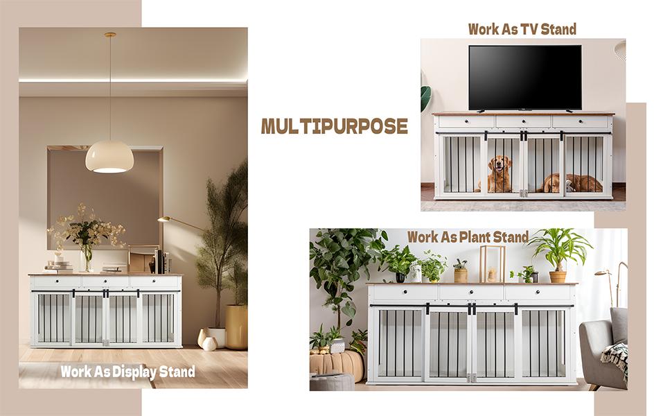 Sunseen Dog Crate Furniture Large Breed Wooden Dog Kennel with Room Divider, 3 Drawers, Double Doors, 72''W x 24''D x 35''H, White