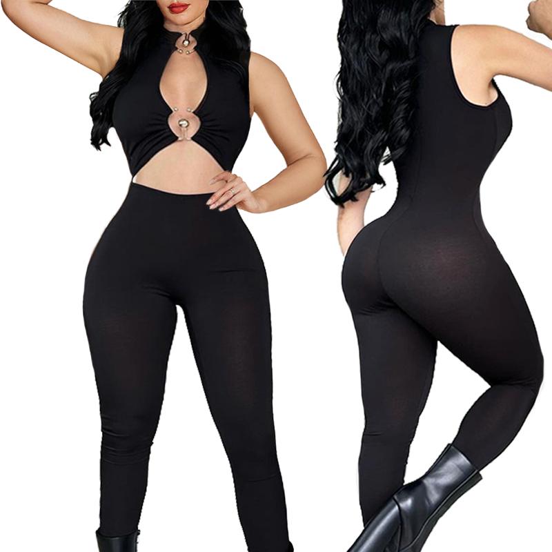 Women's Solid Color Sleeveless Yoga Suit Slim-fitting Jumpsuit High Waist Sexy Hollow Suit Fitness One-piece Sports Belly-exposed jumpsuit