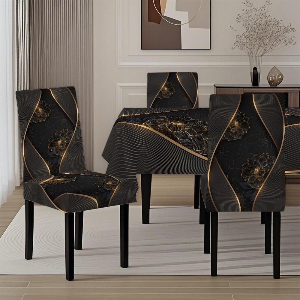 5/7-piece 2D Flat Printing Black - gold Floral Curve Splicing Printing Pattern Tablecloth and Chair Cover Set, for dining table and chair decoration, perfect for home, holiday gatherings, restaurants, and parties.
