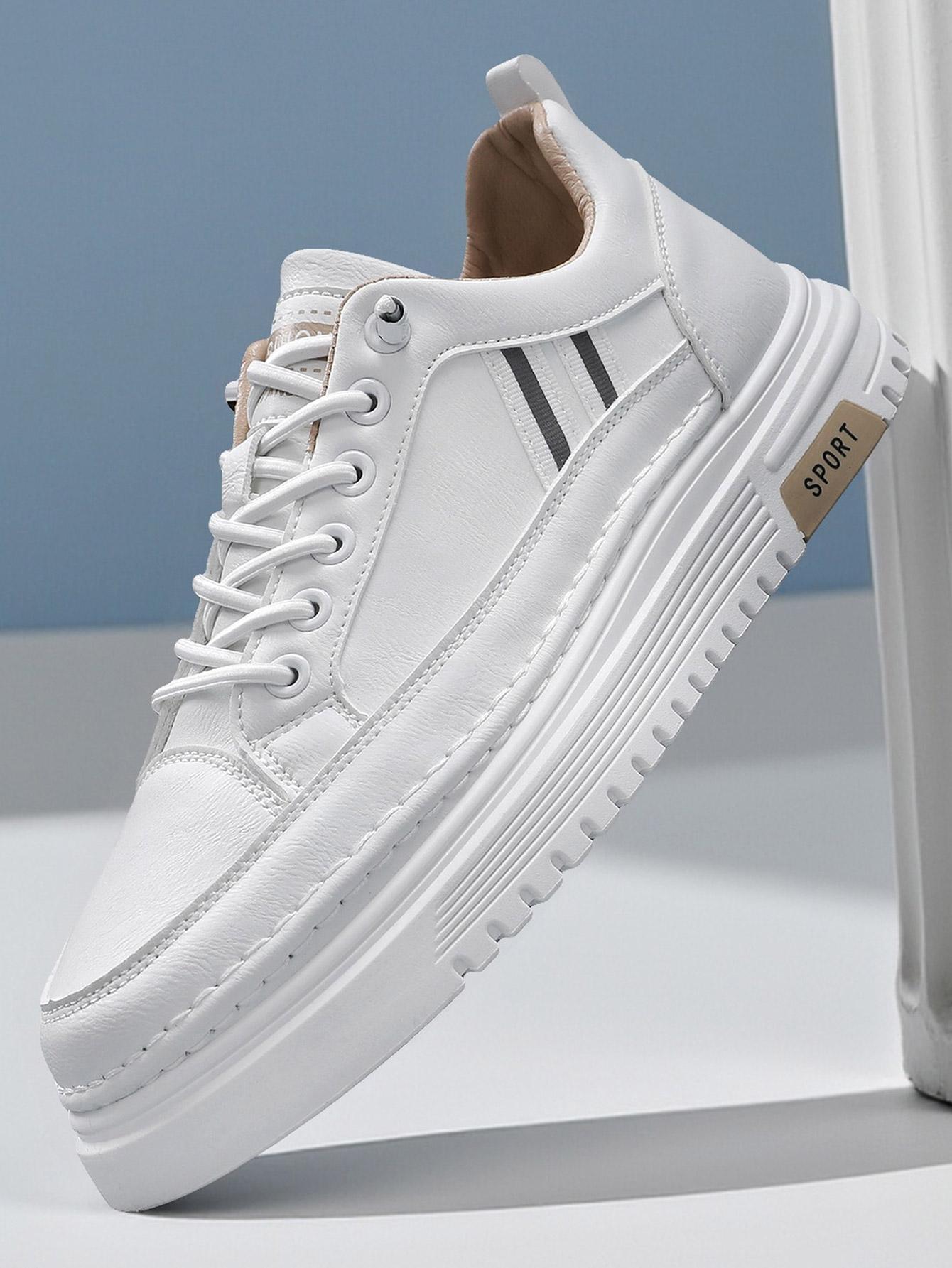 Men's Summer Thick Sole Sneakers, Simple Striped Casual Board Shoes, Soft Leather Breathable Lightweight, Height Boosting Slim Fit, Versatile Daily Wear