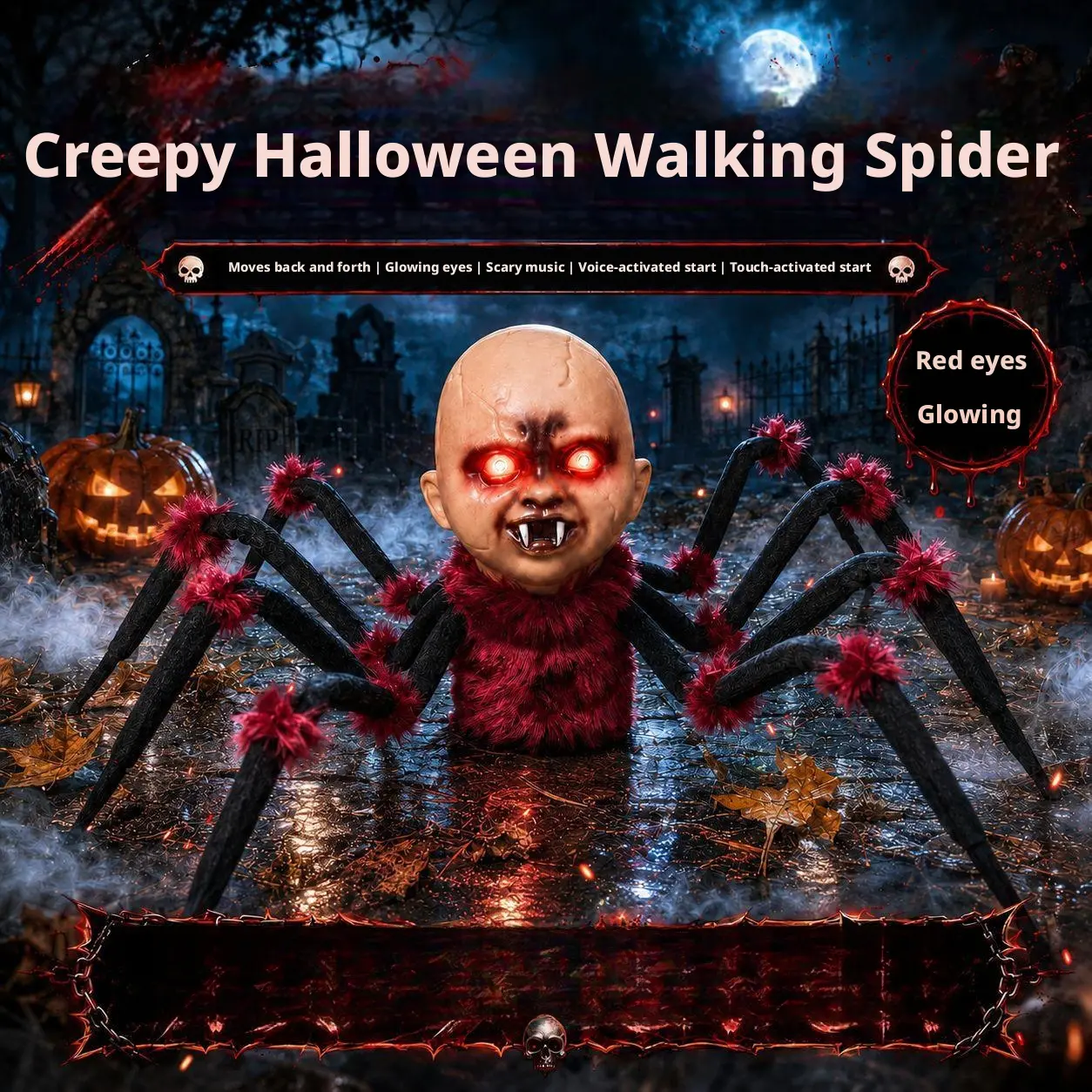 Halloween Animated Human-Head Spider Decoration, Sound & Touch Activated Moving Prop with Glowing Red Eyes & Scary Music for Haunted House Yard Party Festive Decor