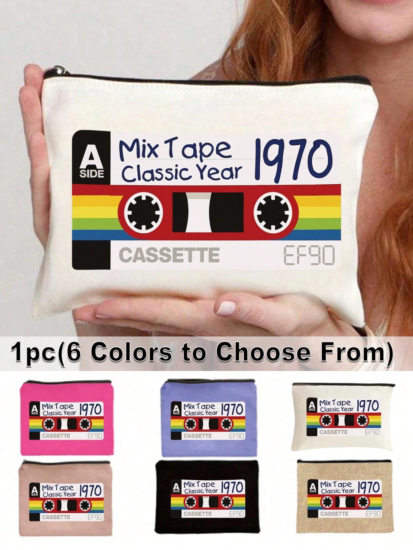 Vintage Tape Pattern Makeup Bag, Reusable Travel Organizer, Portable Vanity Case, Perfect Gift for Music Lovers, Multifunctional Storage