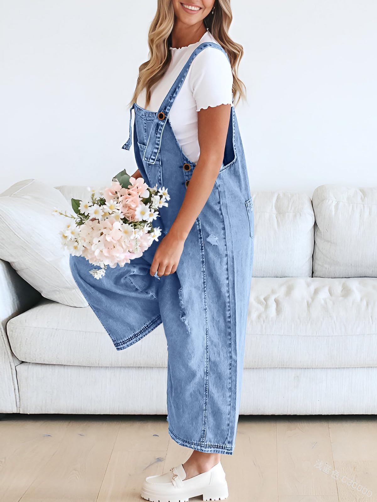 Chouyatou Women Loose Adjustable Strap Denim Bib Overall Jeans Distressed Wide Leg Baggy Overalls Jumpsuit SpringStatements Chouyatou Women Loose Adjustable Strap Denim Bib Overall Jeans Distressed Wide Leg Baggy Overalls Jumpsuit SpringStatements