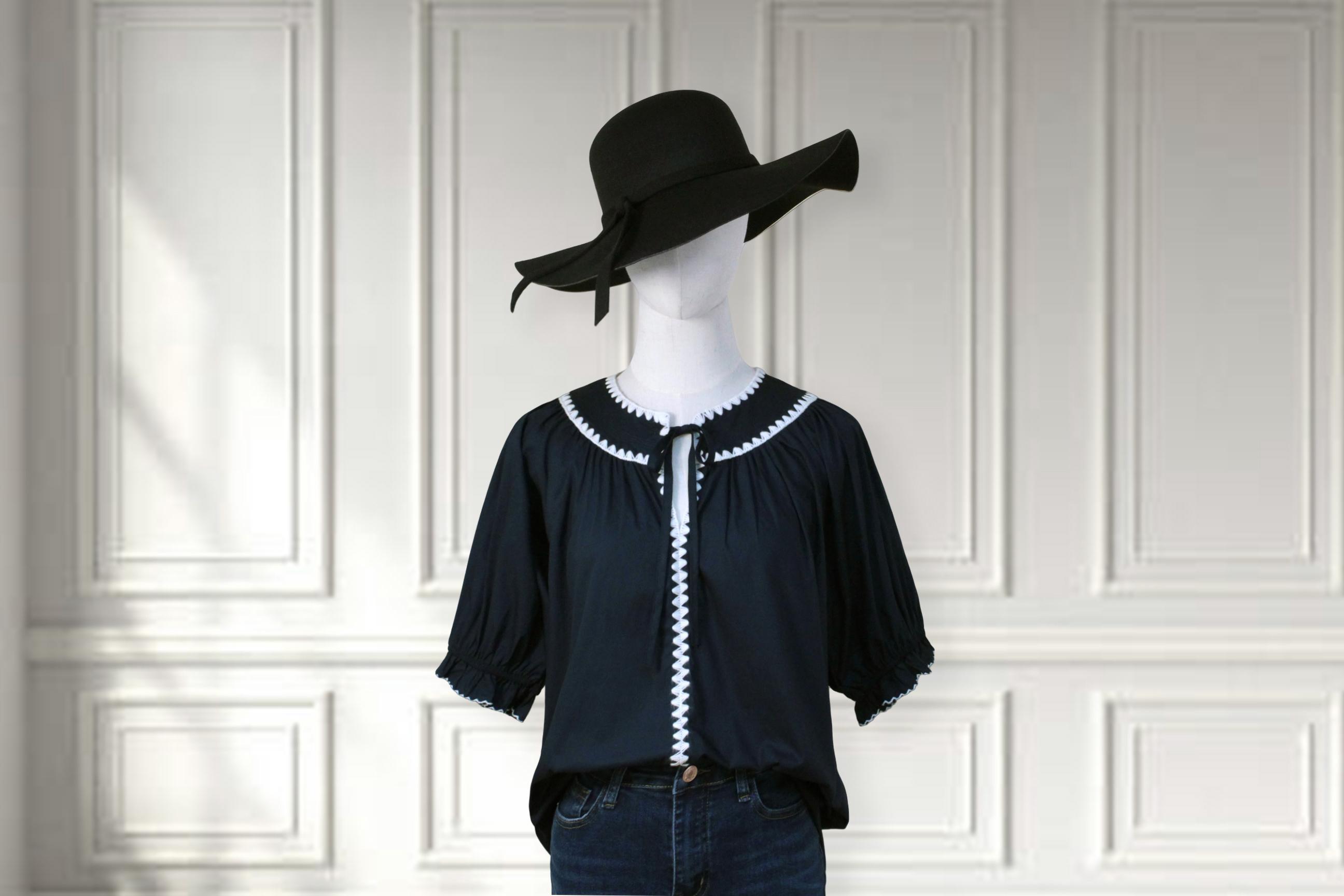 SageVell 100% Cotton Navy Blue Embroidered Blouse with Round Collar & Ruffled Sleeve Tops, Womenswear Casual Style Shirt Fabric Medium Shortsleeve Fitted Crewneck SpringStatements