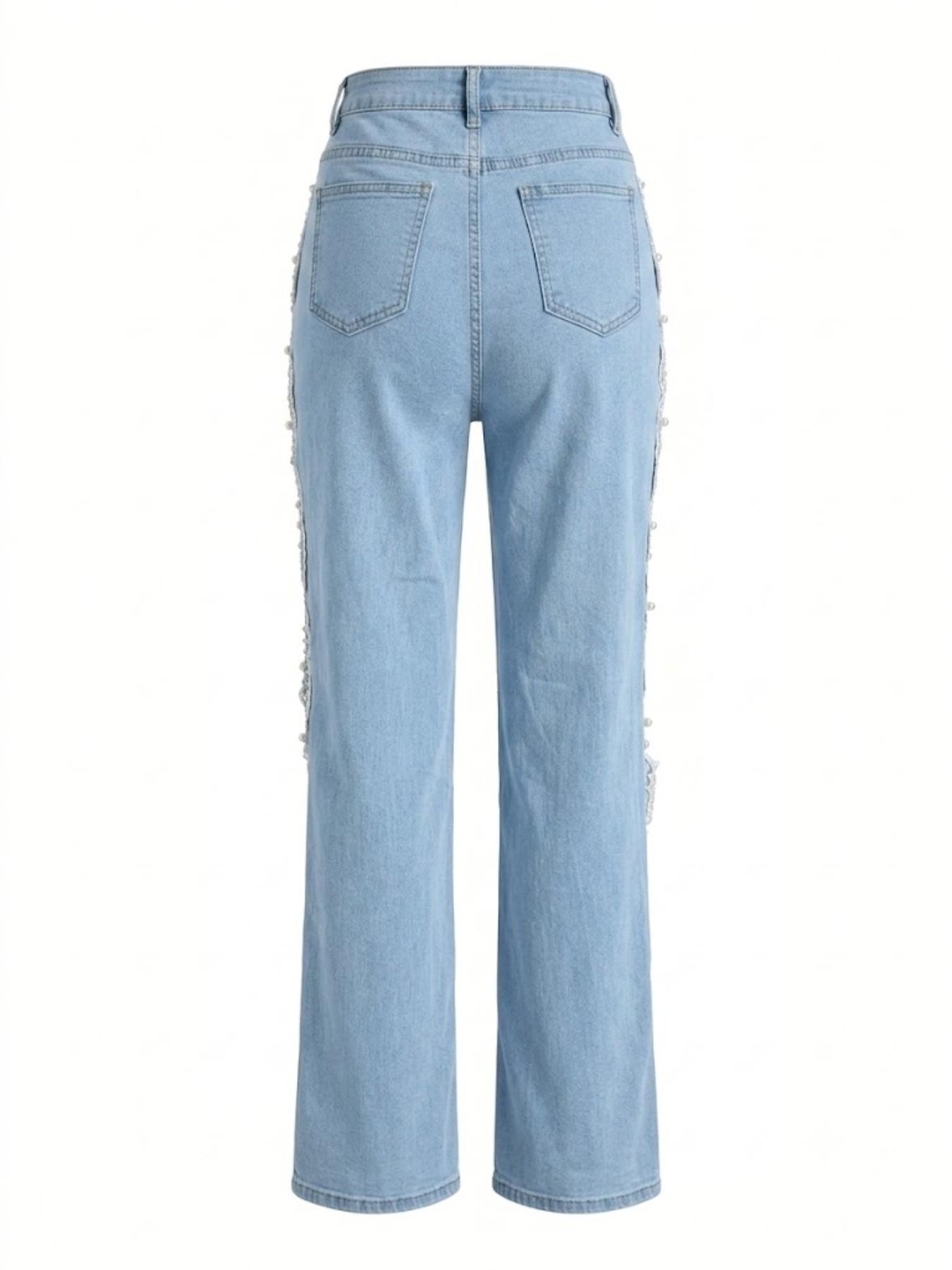 Women's Ripped Straight Leg Jeans, Pearl Chain Embellished Cutout Denim Jeans, Aesthetic, Perfect for Daily Wear and Party