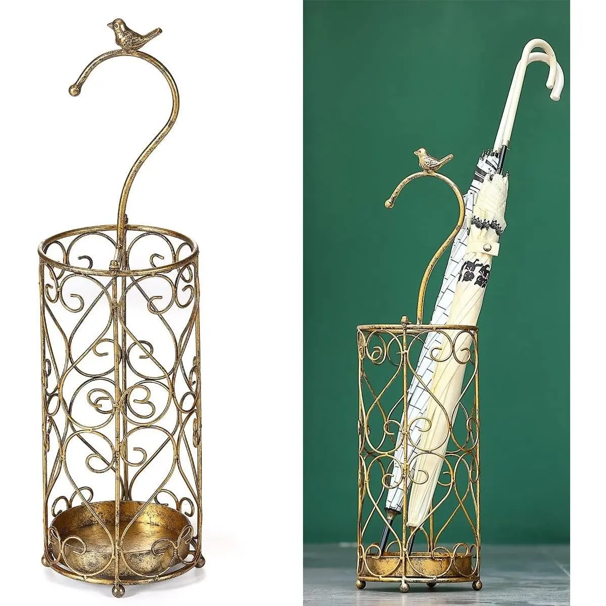 Antique Gold Hollow Metal Umbrella Rack Organiser - Decorative Indoor Entryway Stand with Cast Iron Bird Handle, Drip Tray, Cane & Walking Stick Holder, Ideal Gift
