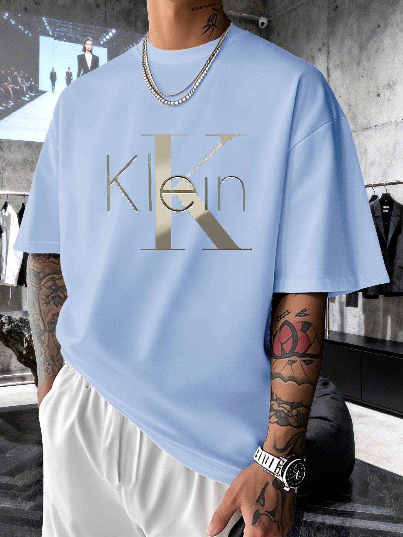 Men's Short Sleeve T-Shirt Summer Gold Embossed Klein Letter Print, Casual Loose-Fitting Long Top, All Seasons Business Fashion