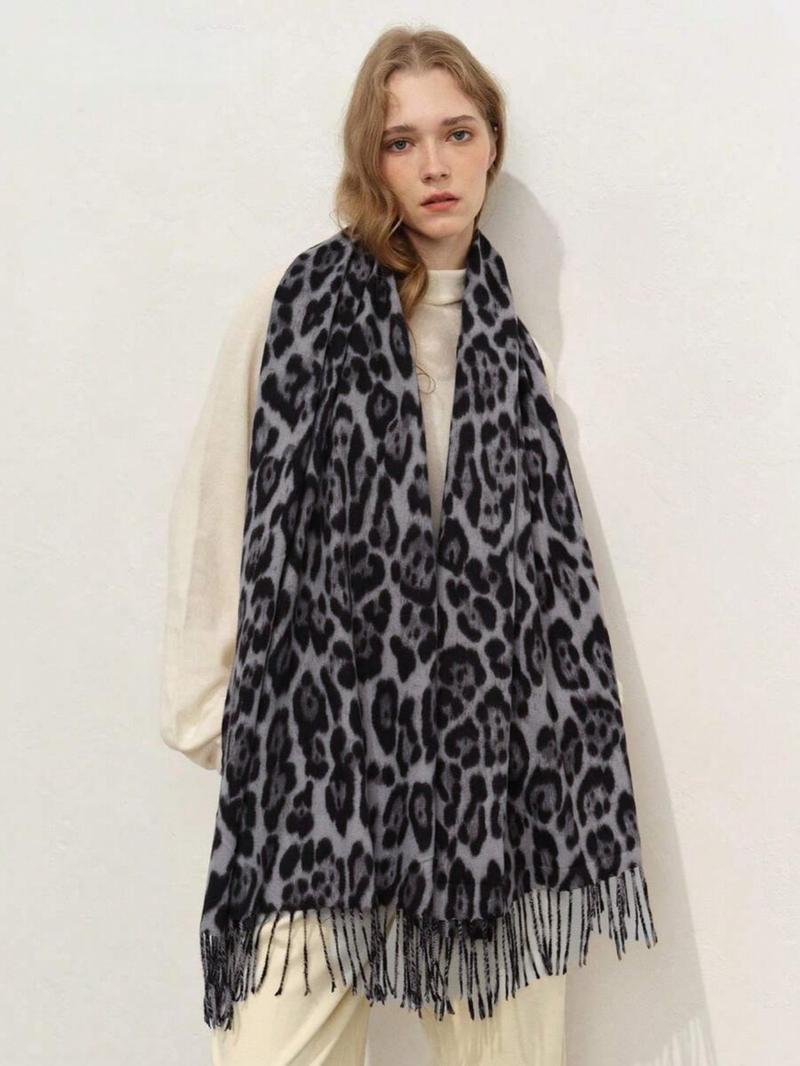 High-Quality Leopard Print Scarf, Cool Tassel Vintage Shawl, Y2K Faux Wool Warm Shoulder Wrap, Fall & Winter Fashion Accessory