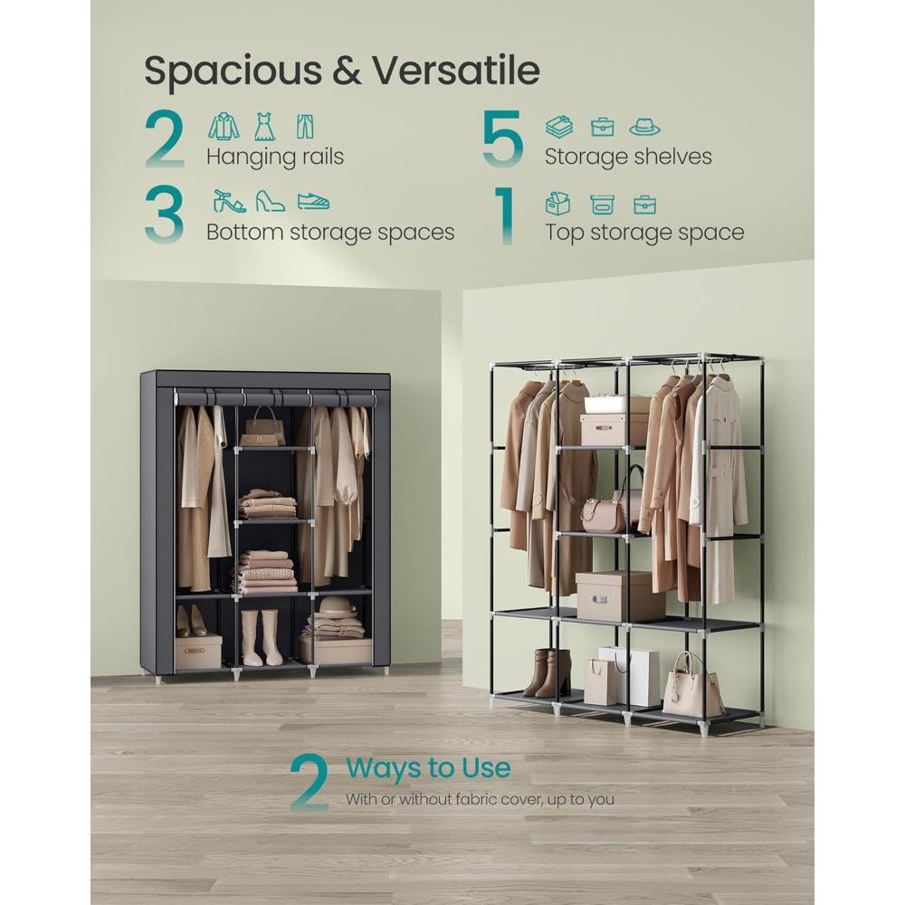64-in Portable Non-Woven Fabric Wardrobe, Multi-Functional Portable Closet with Cover, Gray Indoor Furniture Storage Armoire for Apartments, Wardrobe Storage Rack Solution