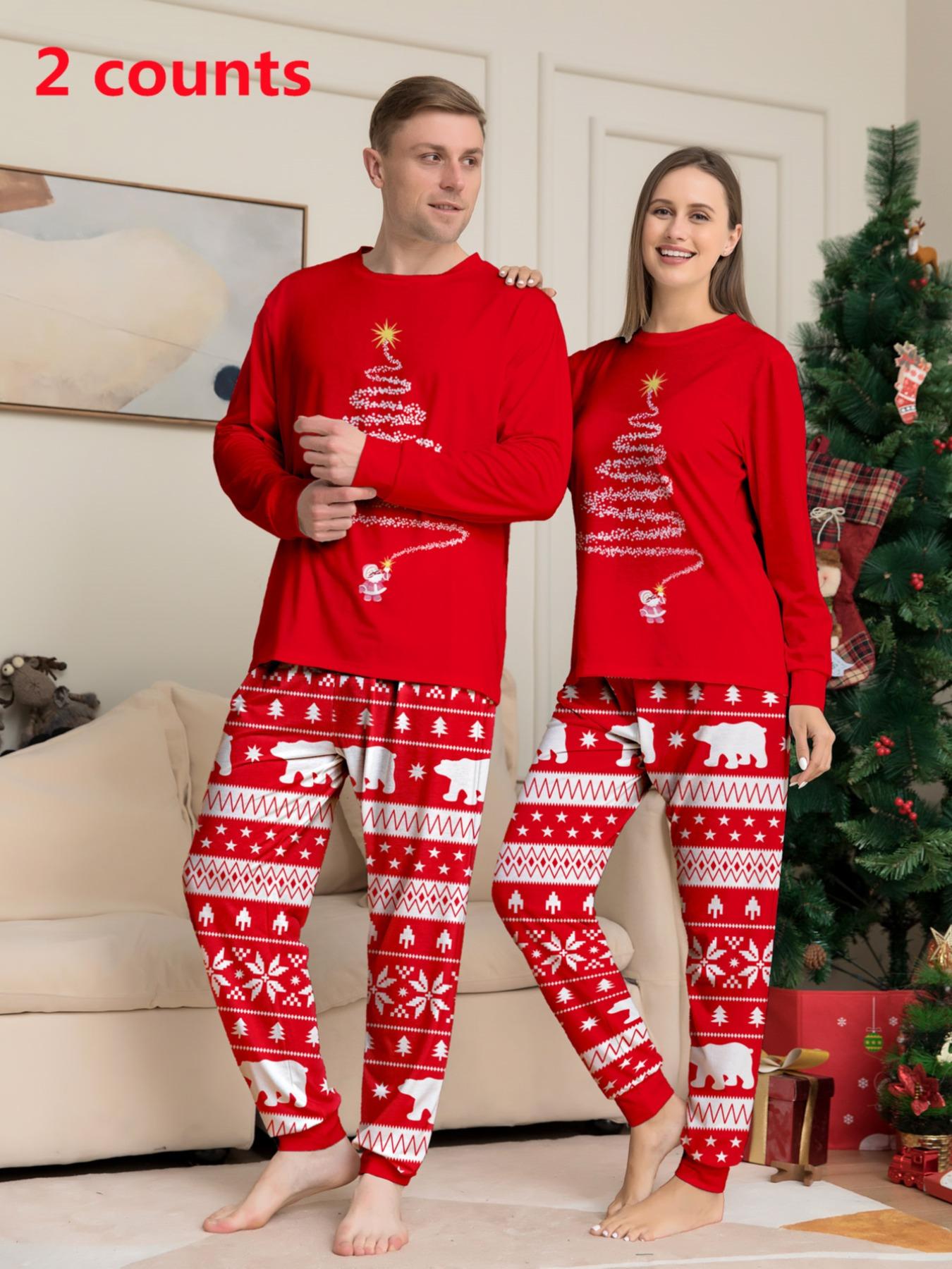 Couple's Christmas Themed Print Pajama Two-piece Set, Casual Comfy Long Sleeve Top & Elastic Waist Pants PJ Set, Men's Sleepwear for Spring & Fall, Loungewear