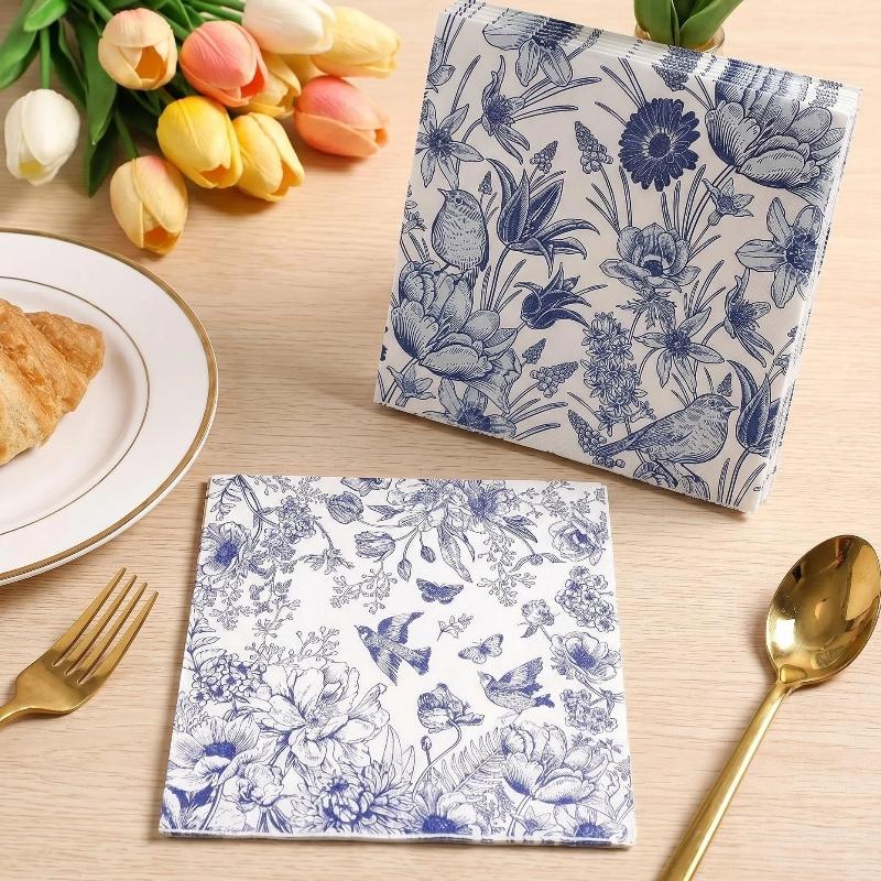 Blue Floral Bird Pattern Napkins, 2 Packs (20 Sheets/pack), Traditional Style Disposable Napkins for Wedding Party Decorations
