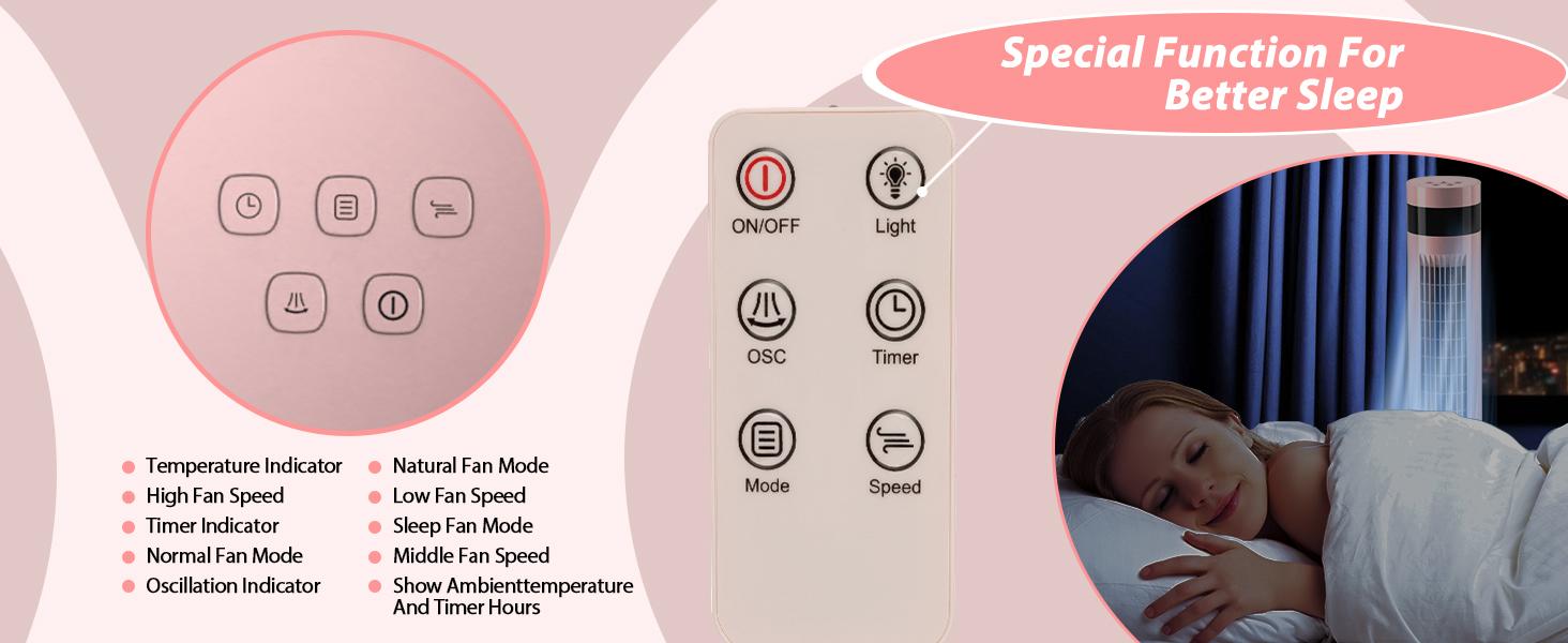 【NOT AC】Antarctic Star Tower Fan - Portable Electric Oscillating Fan with Remote Control, Quiet Operation, 3 Speed Settings & Timer Function. Bladeless Floor Standing Fan for Bedroom, Office & Indoor Use[No Cooling] (36 inch, Pink)