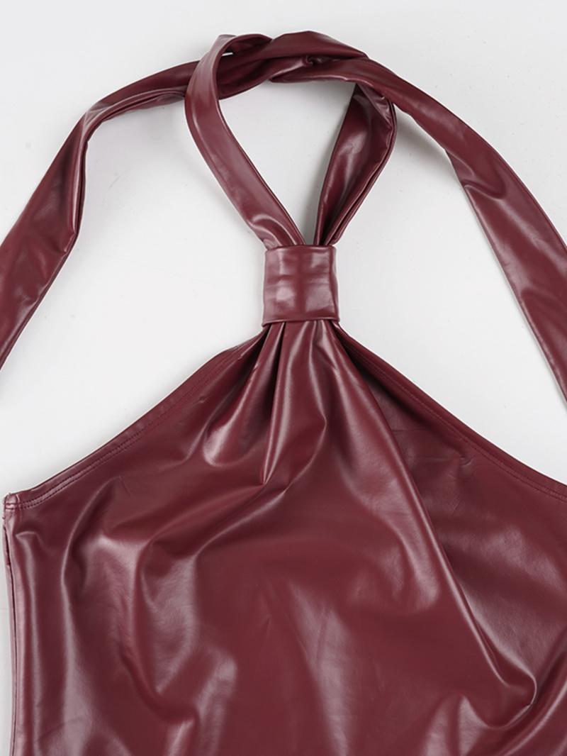 Y2K Knot PU Leather Halter Vest, Slim-Fitting Backless Design, Plain Pattern, Y2K Style, Perfect for Casual Wear