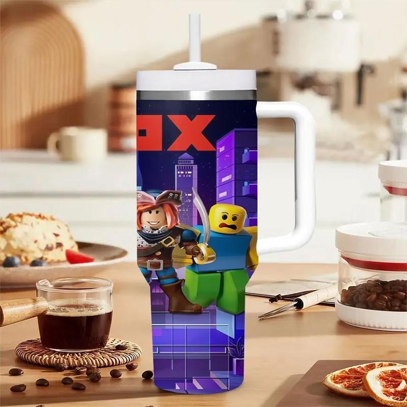 1pc Roblox Adventure 40oz Tumbler, Cartoon Game Character Car Insulated Cup, Slide Handle Large Capacity Straw Cup, Gaming Accessories Travel Mug