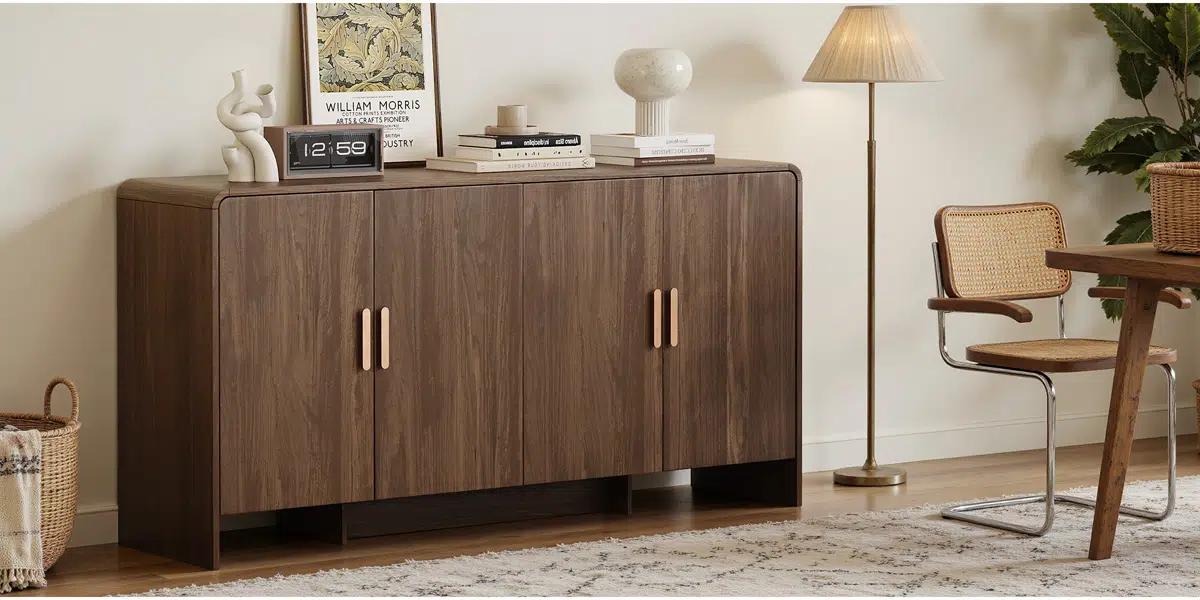 【SPOTLIGHT DAY】ONBRILL 60” Sideboard Curved Cabinet With 4 Doors, Living Room Furniture, Dining Room Furniture
